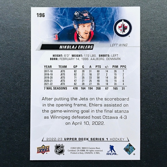 Nikolaj Ehlers - 2022-23 Upper Deck #196 - Picture 2 of 2